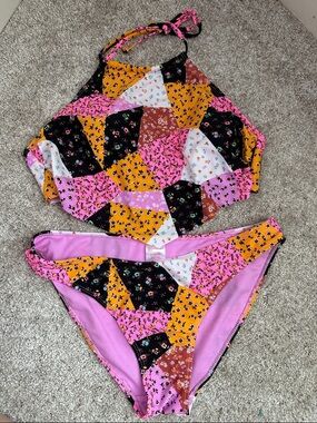 Patchwork Floral Halter Bikini Set in Pink, Mustard, Black